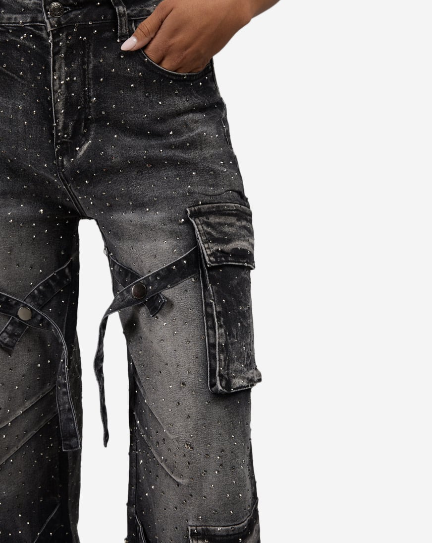4Pkt Rhinestone Cargo Denim Jeans