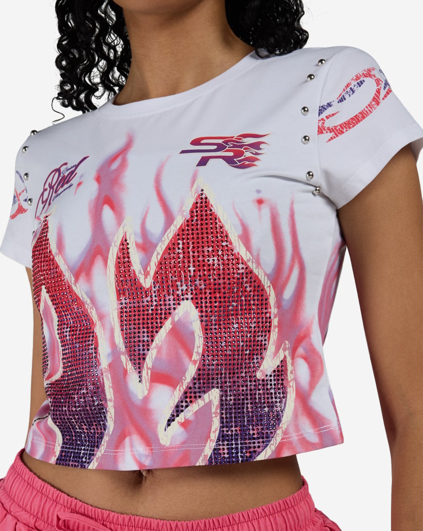 Rib Knit Flame Rhinestone Tee