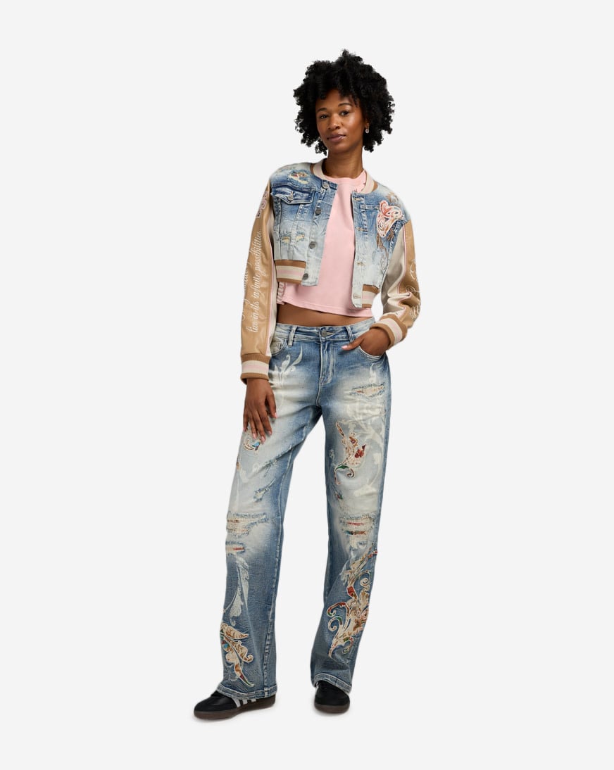 Wide Leg Distressed Tapestry Denim Jeans