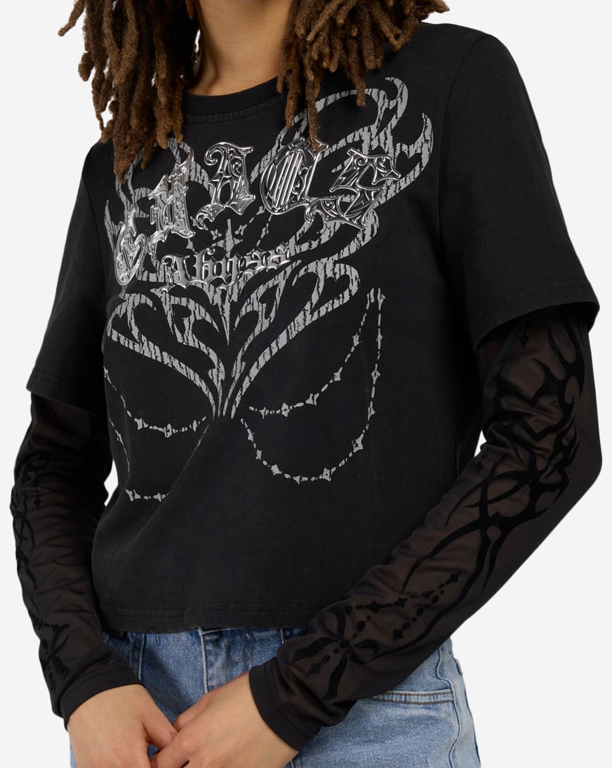 Flocked Mesh Long Sleeve Top