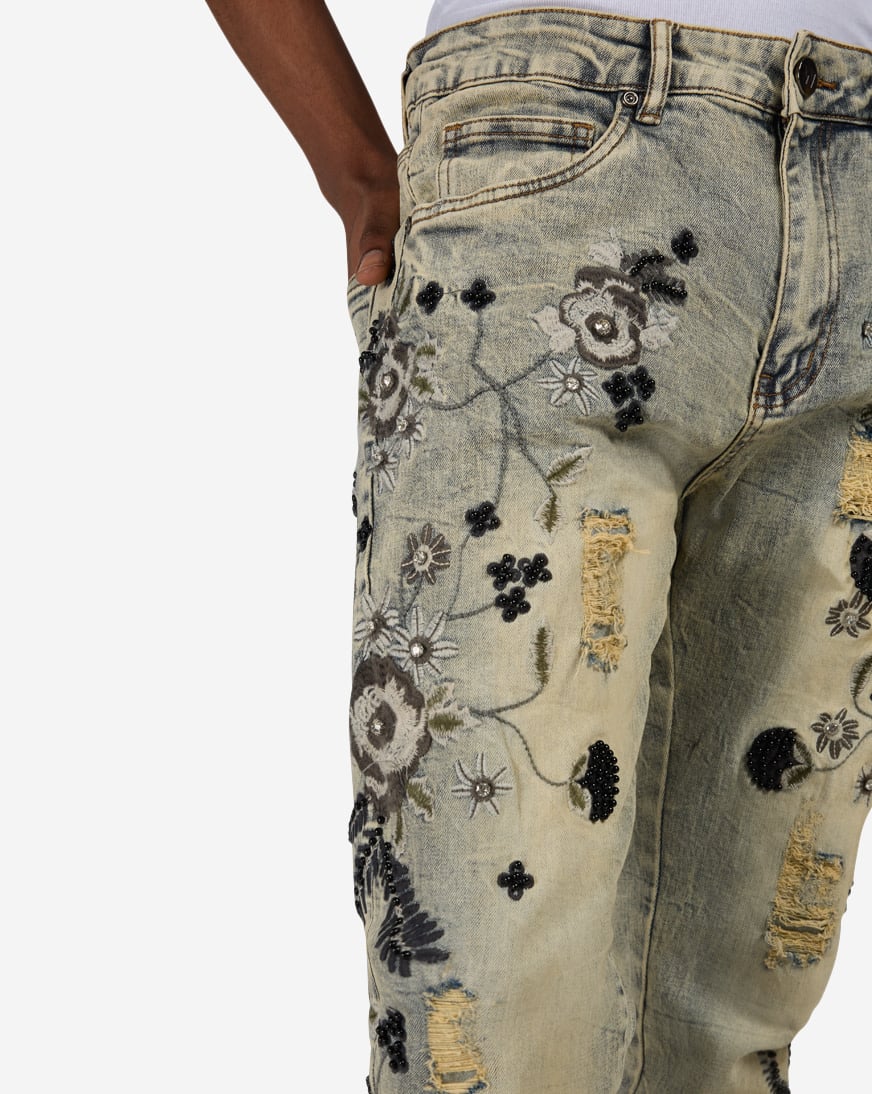 Embroidery Floral Print Stacked Jean