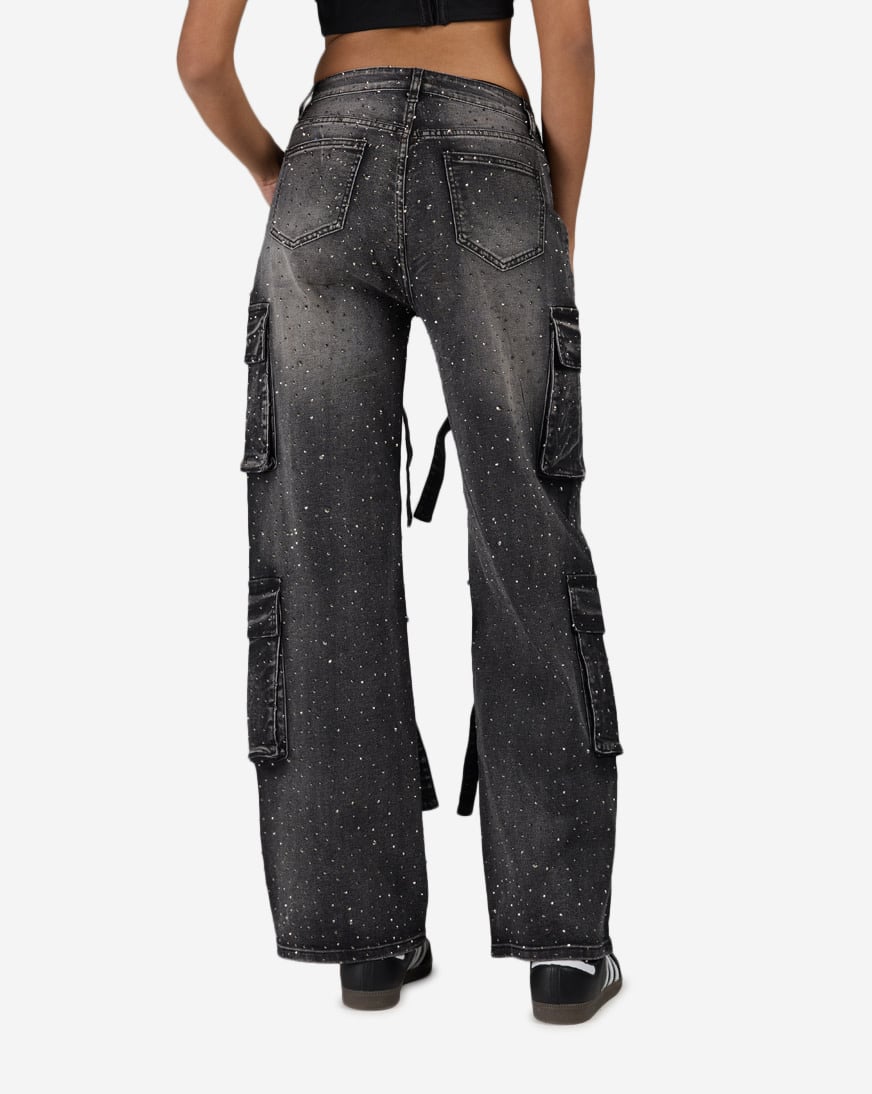 4Pkt Rhinestone Cargo Denim Jeans