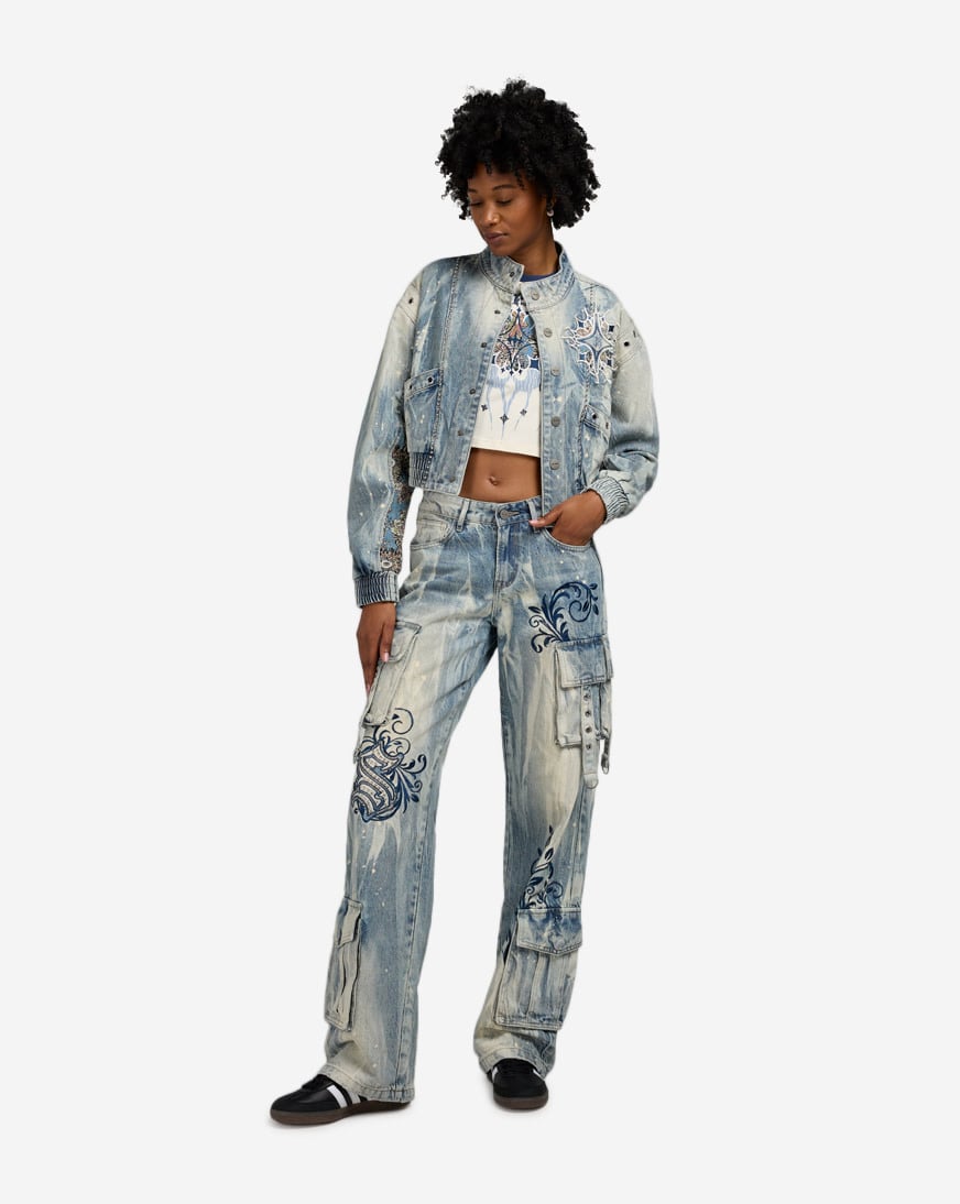 Wide Leg Cargo Tapestry Denim Jeans