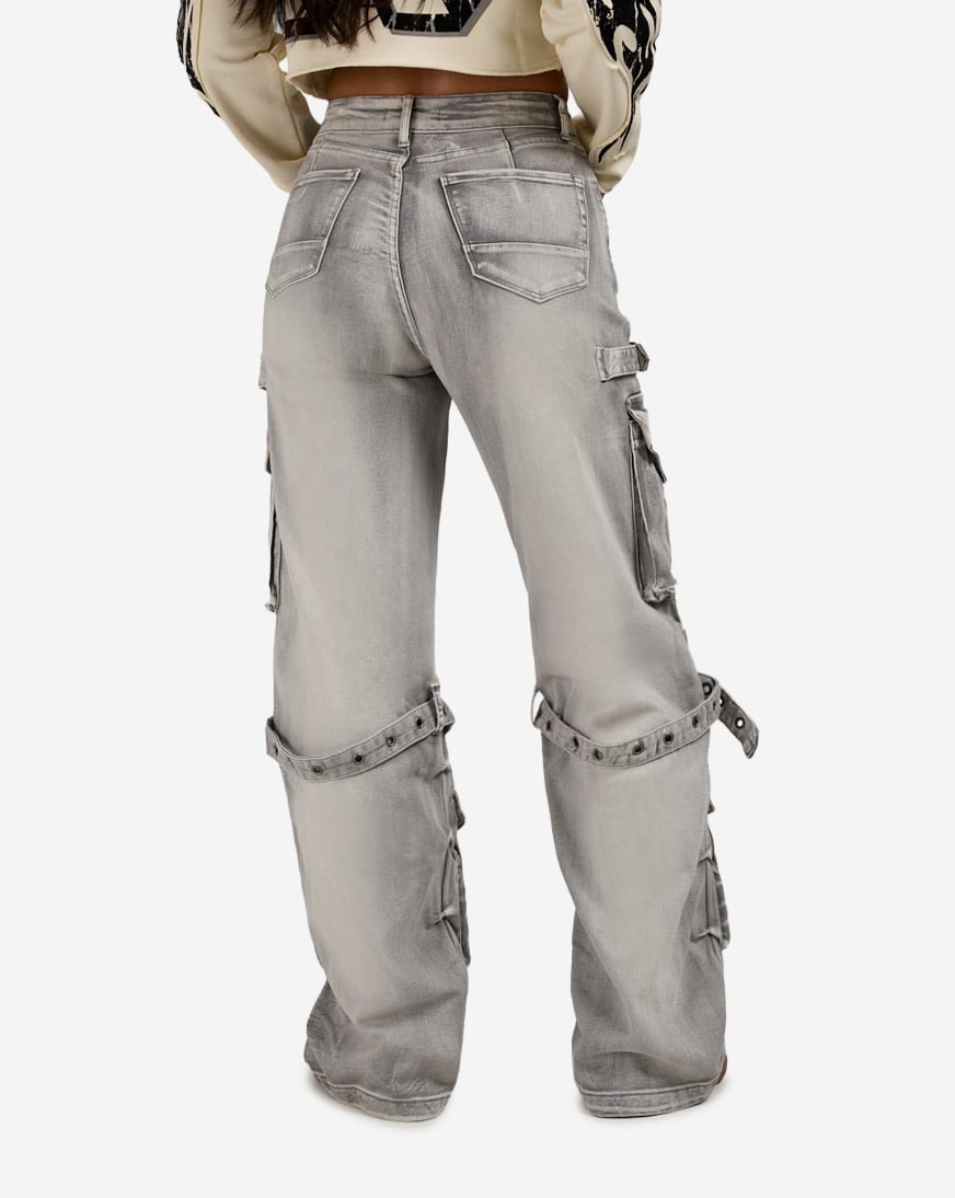 Wide Leg Grommet Cargo Denim Jeans