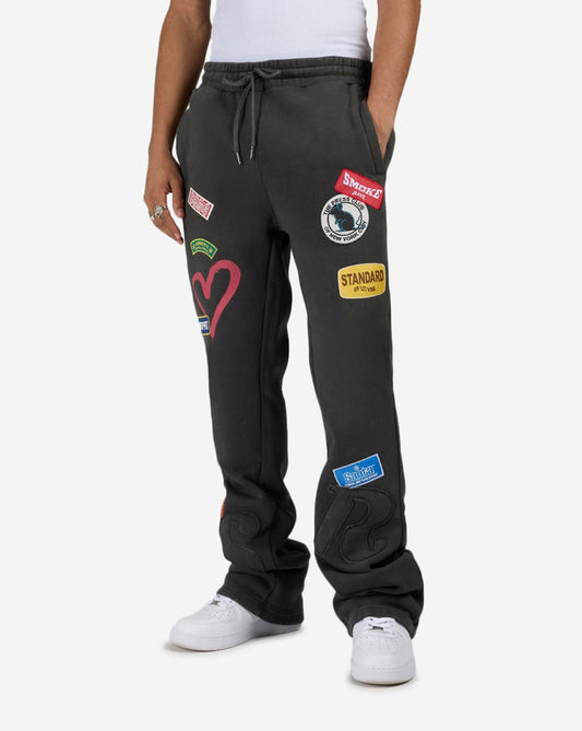 Multi Embroidery Patched Stacked Fleece Pants