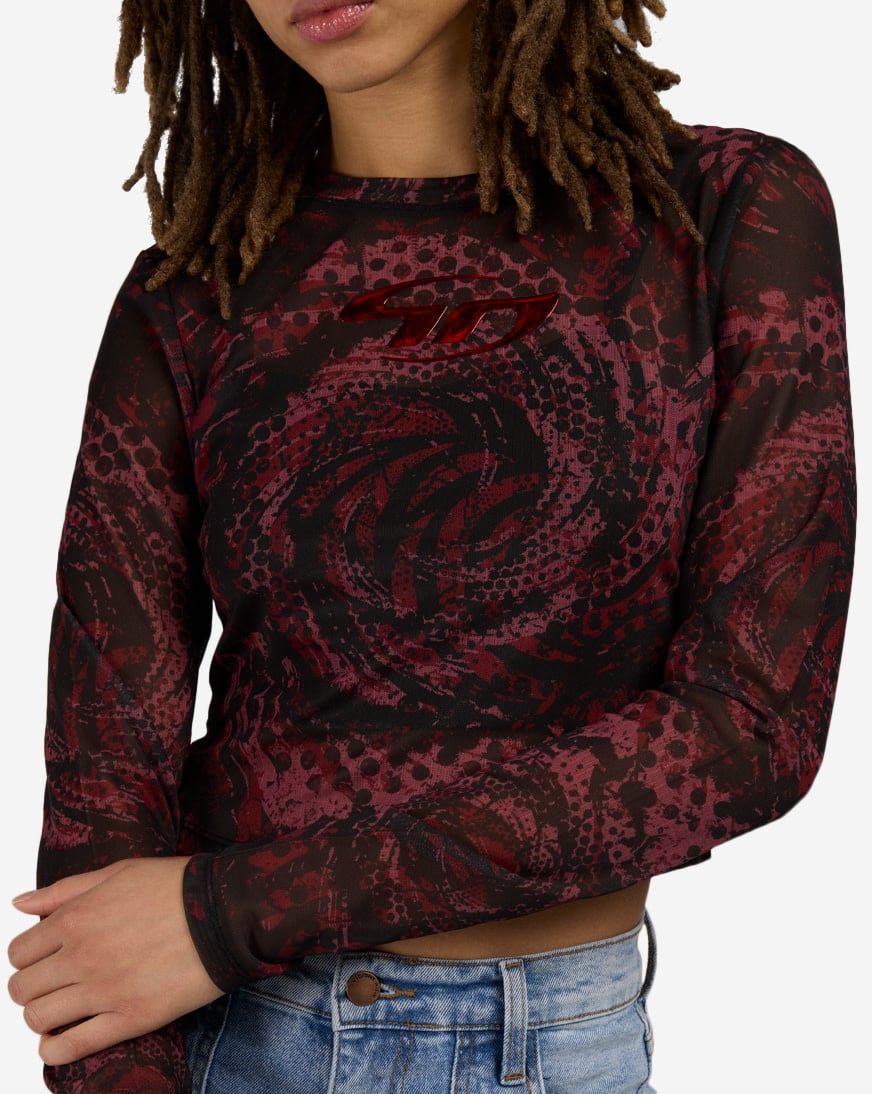 Printed Long Sleeve Mesh Top
