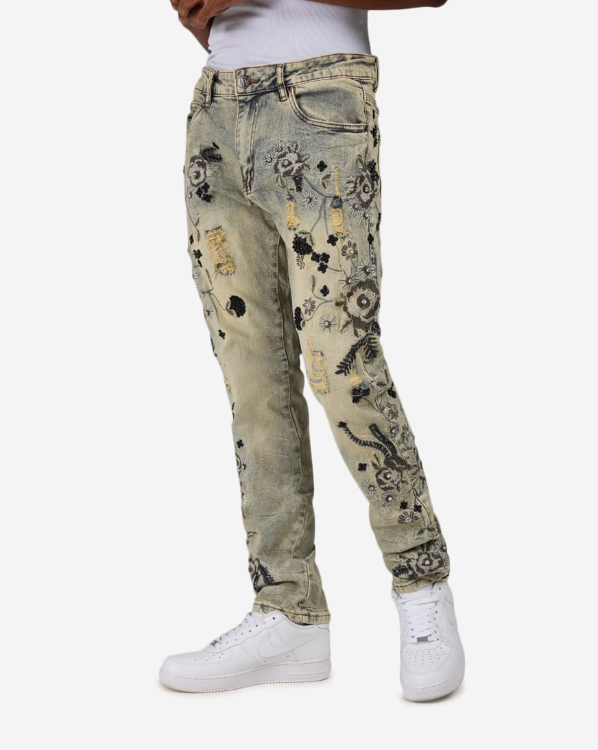 Embroidery Floral Print Stacked Jean