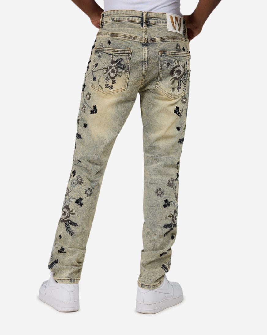 Embroidery Floral Print Stacked Jean